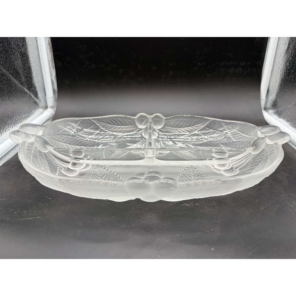 Vintage Frosted Glass Divided Cherry Relish Dish 3 Section Serving Tray Clear